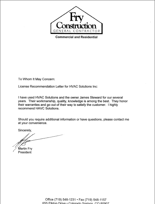 Letters of Recommendation - HVAC Solutions